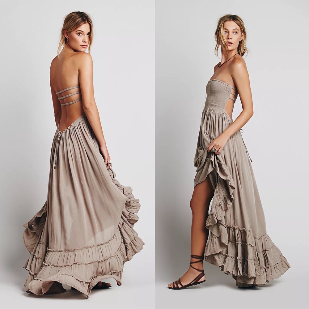 Free People • Extratropical backless maxi ruffle crinkle rayon strapless smocked